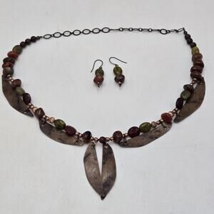 Artisan Green Rust Red Jasper Beaded And Copper Brutalist Boho Necklace Earrings